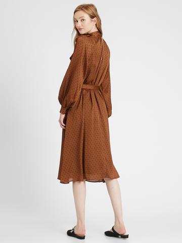 Kadın Kahverengi Puantiyeli Midi Elbise