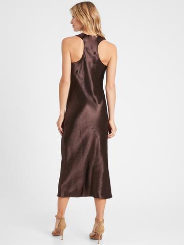 Kadın kahverengi Saten Midi Slip Elbise