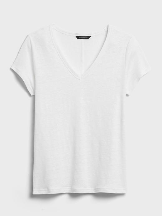 Kadın Beyaz Keten V Yaka T-Shirt
