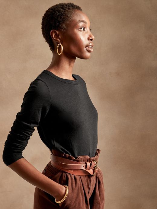 Kadın Siyah Pamuk Modal Karışımlı Uzun Kollu T-Shirt