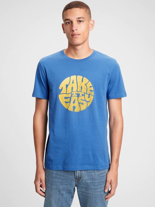 Erkek Mavi Grafik Baskılı Kısa Kollu T-Shirt