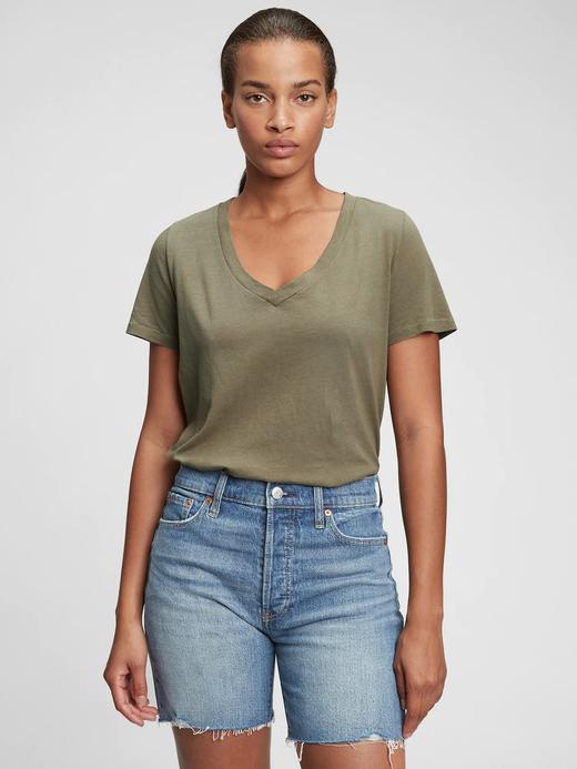 Kadın Yeşil Organik Pamuk V Yaka T-Shirt