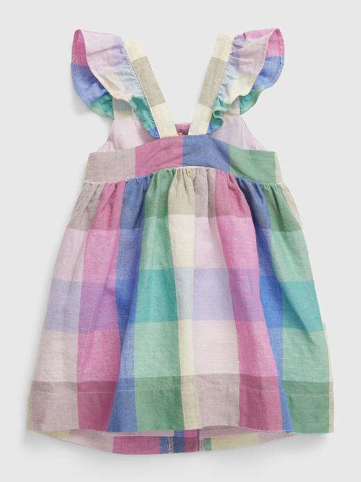 Kız Bebek Çok Renkli Ekoseli Keten Karışımlı Elbise