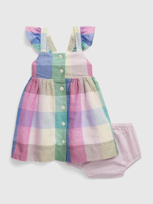Kız Bebek Çok Renkli Ekoseli Keten Karışımlı Elbise