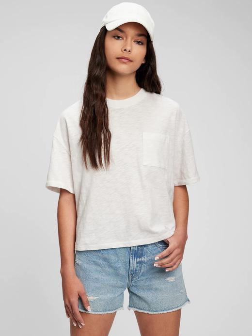 Genç Kız Beyaz 100% Organik Pamuk Cep Detaylı T-Shirt