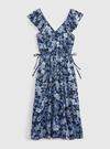 Kadın Mavi Çiçekli Fırfır Kol Detaylı Midi Elbise