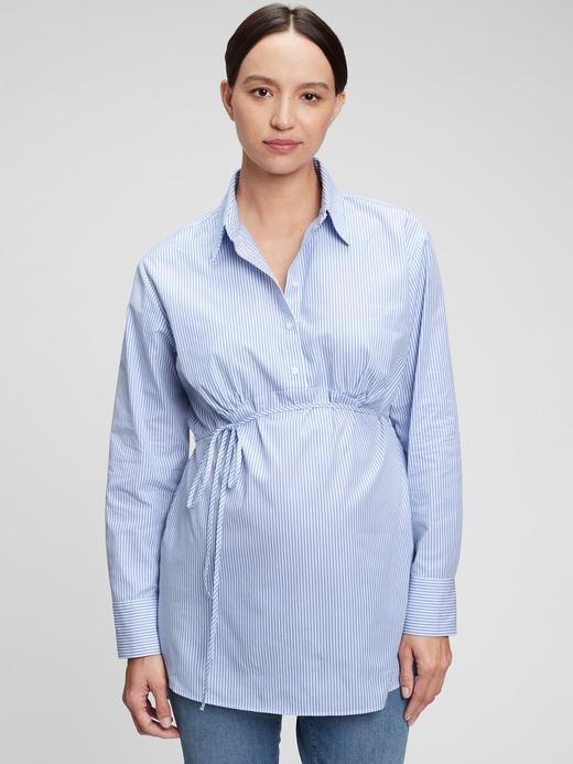 Kadın Mavi Çizgili Maternity Popover Gömlek
