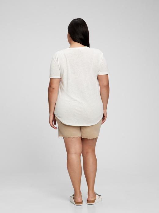 Kadın Beyaz Keten Karışımlı V Yaka T-Shirt