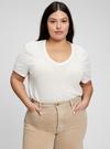 Kadın Beyaz Çizgili Keten Karışımlı V Yaka T-Shirt
