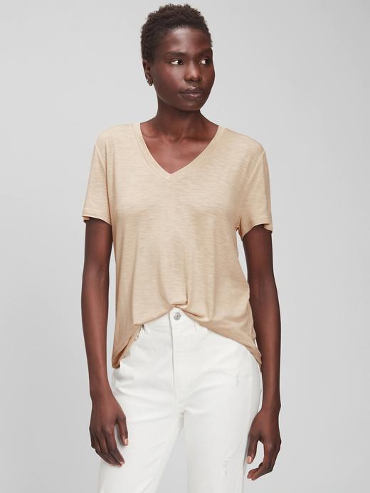 Kadın Kahverengi Luxe V Yaka T-Shirt