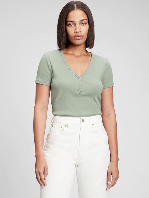 Kadın Yeşil Ribanalı Henley T-Shirt