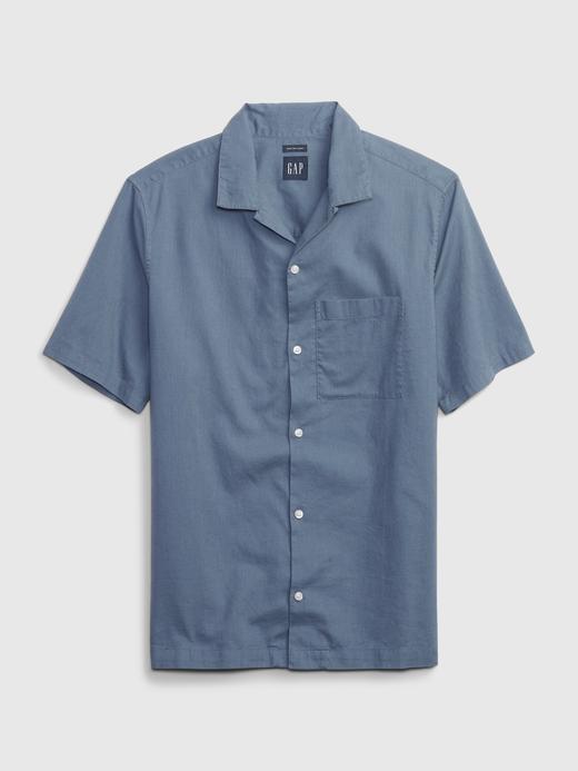 Erkek Mavi Keten Karışımlı Kısa Kollu Gömlek