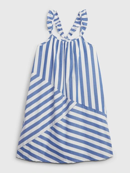 Kız Çocuk Mavi Çizgili Çizgi Desenli Askılı Elbise
