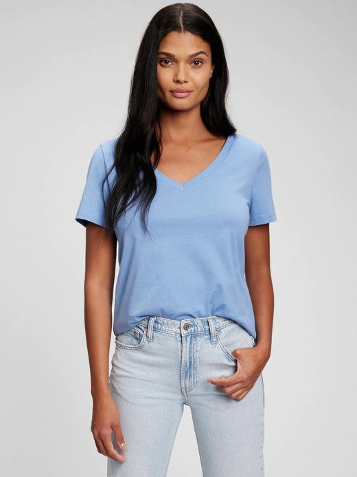Kadın Mavi Organik Pamuk V Yaka T-Shirt
