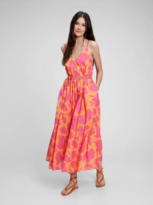 Kadın Pembe Çiçekli V Yaka Askılı Maxi Elbise