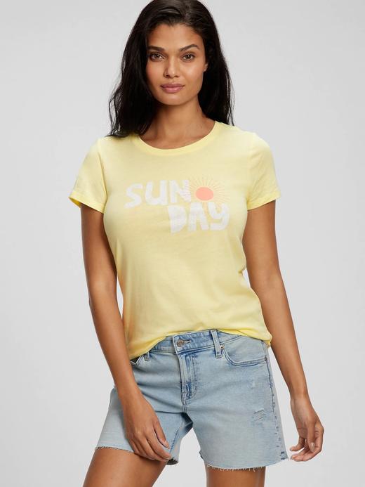 Kadın Sarı Grafik Baskılı Bisiklet Yaka T-Shirt