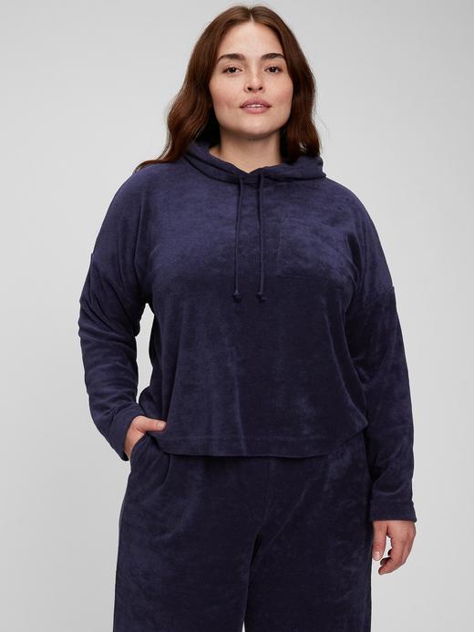 Kadın Lacivert Havlu Kumaş Kapüşonlu Crop Sweatshirt