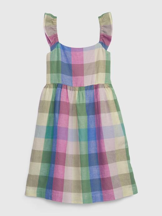 Kız Çocuk Çok Renkli Ekoseli Keten Karışımlı Elbise