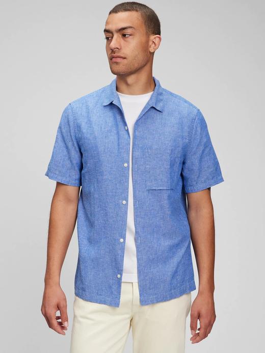 Erkek Açık Mavi Keten Karışımlı Kısa Kollu Gömlek