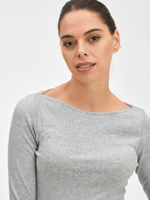 Kadın Gri Modern Kayık Yaka T-Shirt
