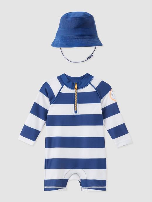Erkek Bebek | Mavi Çizgili Fermuarlı Mayo ve Şapka Seti