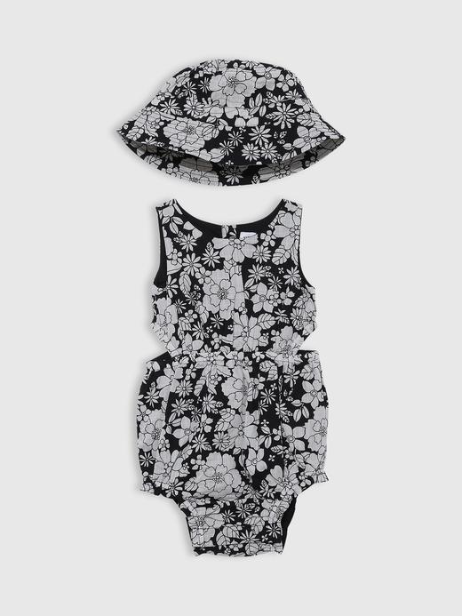 Kız Bebek | Siyah Çiçek Desenli Cutout Tulum ve Şapka Seti
