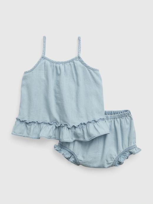 Kız Bebek | Açık Mavi Askılı Fırfırlı Denim Washwell™ Outfit Set