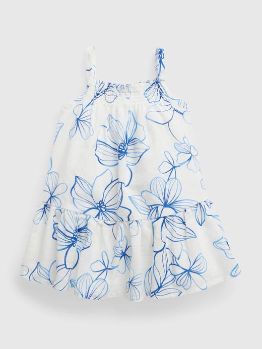 Kız Bebek | Kırık Beyaz Keten Pamuk Karışımlı Çiçek Desenli Elbise