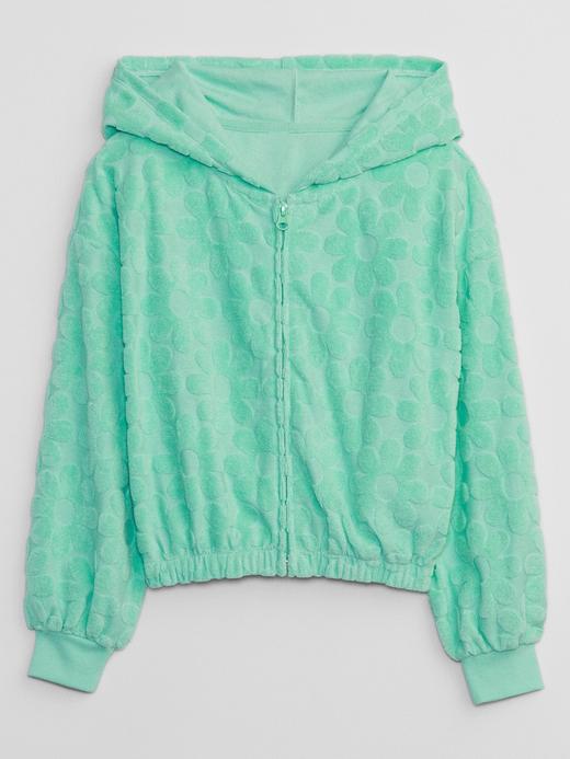 Kız Çocuk | Yeşil Çiçek Desenli Havlu Kumaş Fermuarlı Sweatshirt